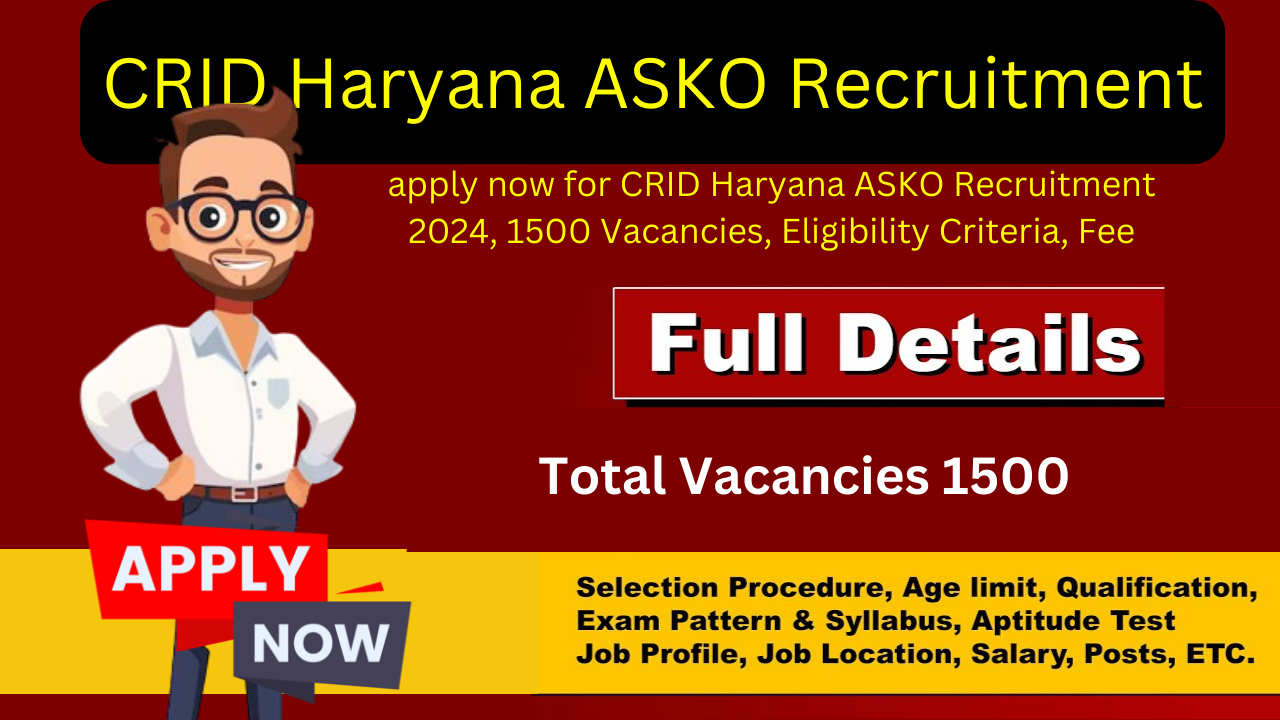 apply now for CRID Haryana ASKO Recruitment 2024, 1500 Vacancies, Eligibility Criteria, Fee